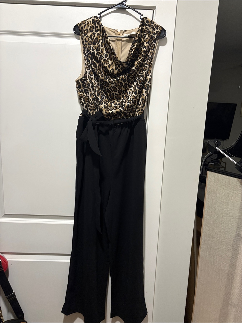 Cato Leopard Print Cowl Neck Jumpsuit with Black Pants
